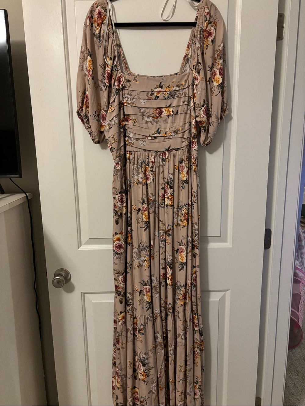 ARULA Taupe Floral Maxi Dress with Puff Sleeves